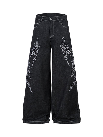Embroidered Flame Baggy Jeans