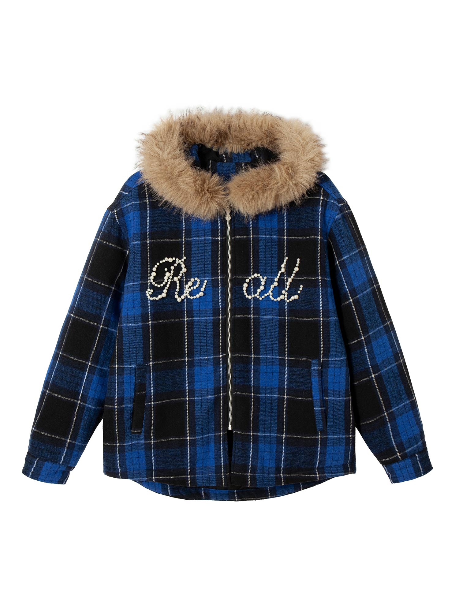 Thesupermade Beaded Fur Collar Padded Plaid Jacket