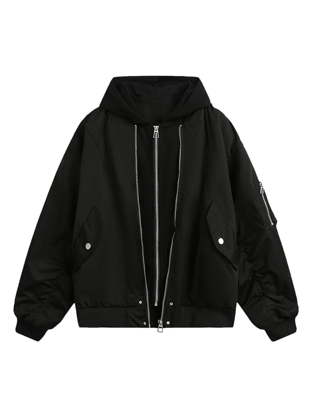 Faux Two-Piece Pleated Spliced Hooded Bomber Jacket