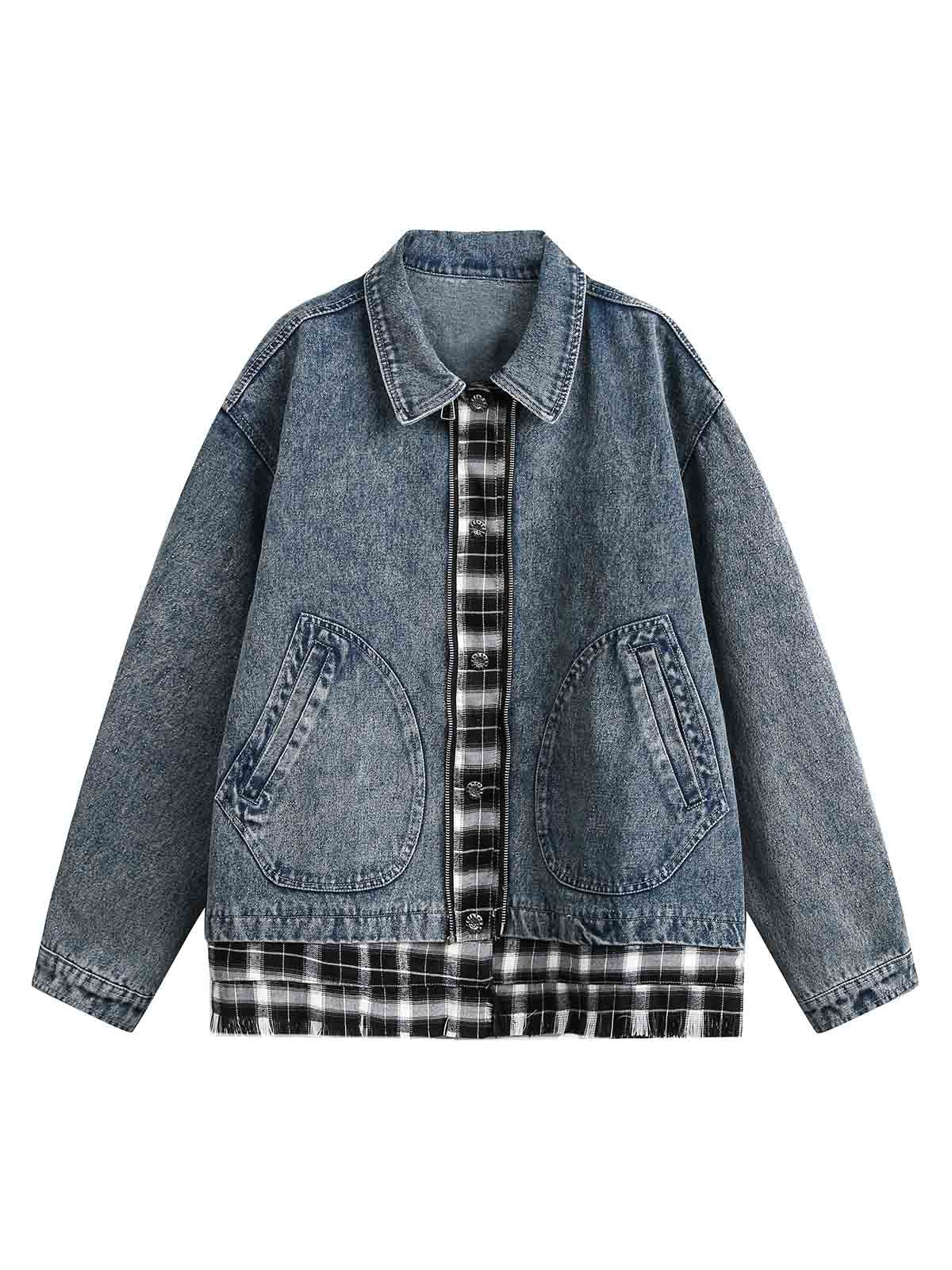 Washed Distressed Patchwork Faux Two-Piece Denim Jacket