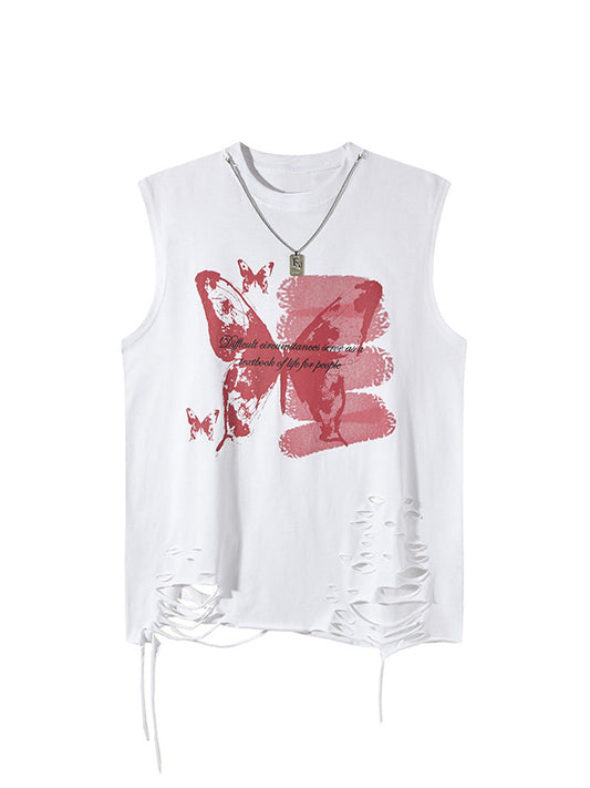 Asymmetric Distressed Graffiti Chain Vest