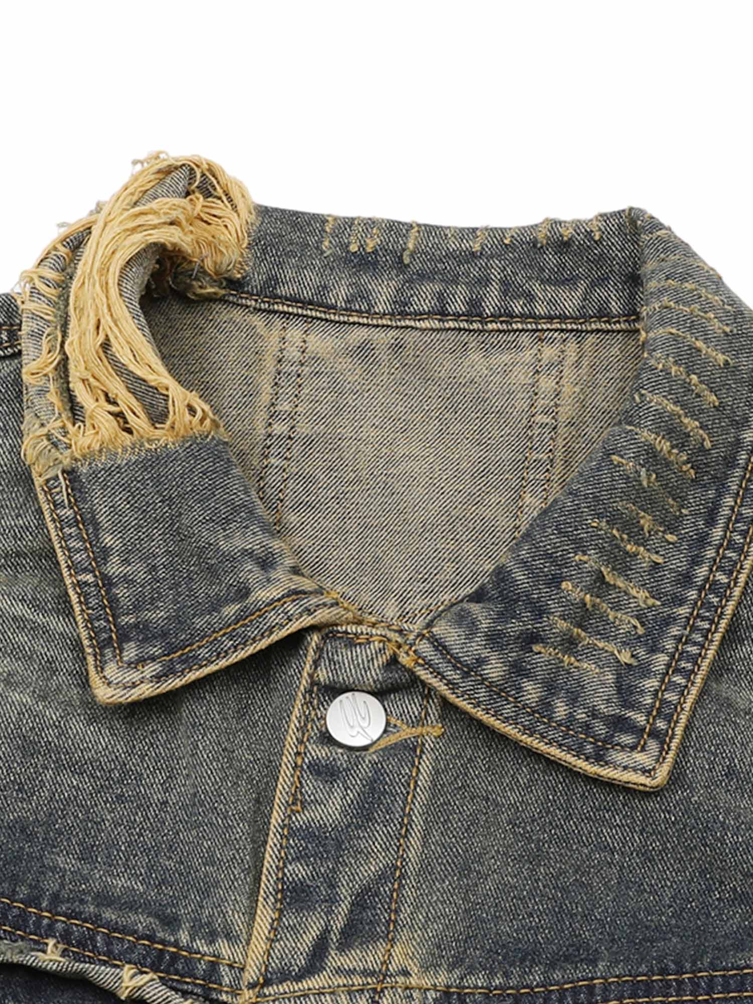 Thesupermade Distressed Washed Raw Edge Denim Jacket