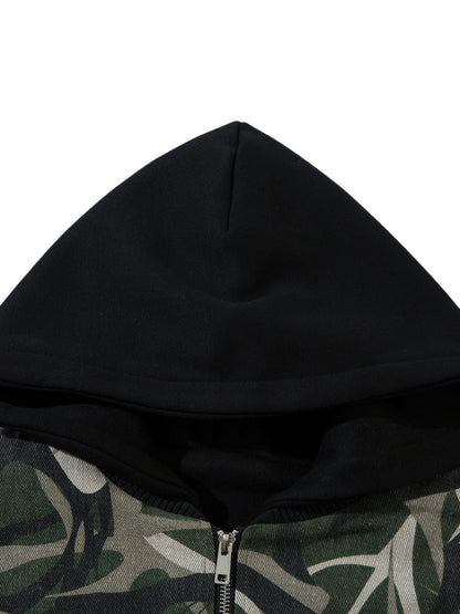 Camouflage Faux Two-Piece Hooded Bomber Jacket