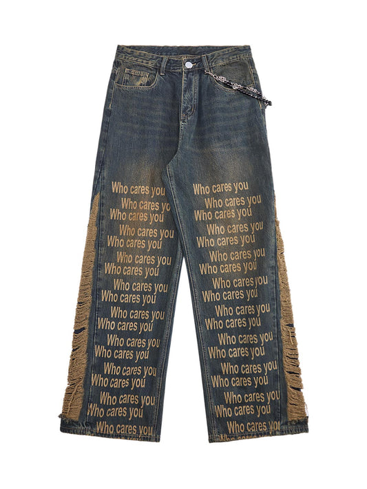 Washed Distressed 'Who Cares You' Print Straight Jeans - 2367
