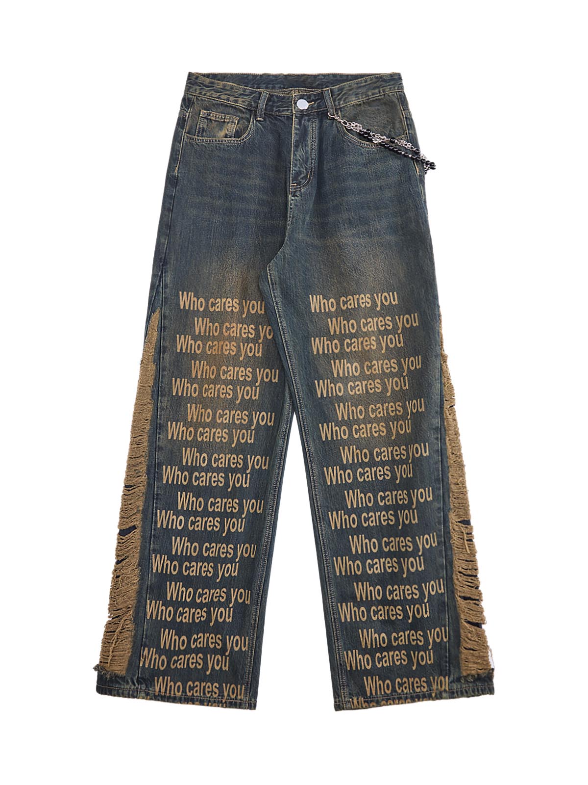 Washed Distressed 'Who Cares You' Print Straight Jeans - 2367