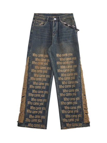 Washed Distressed 'Who Cares You' Print Straight Jeans - 2367