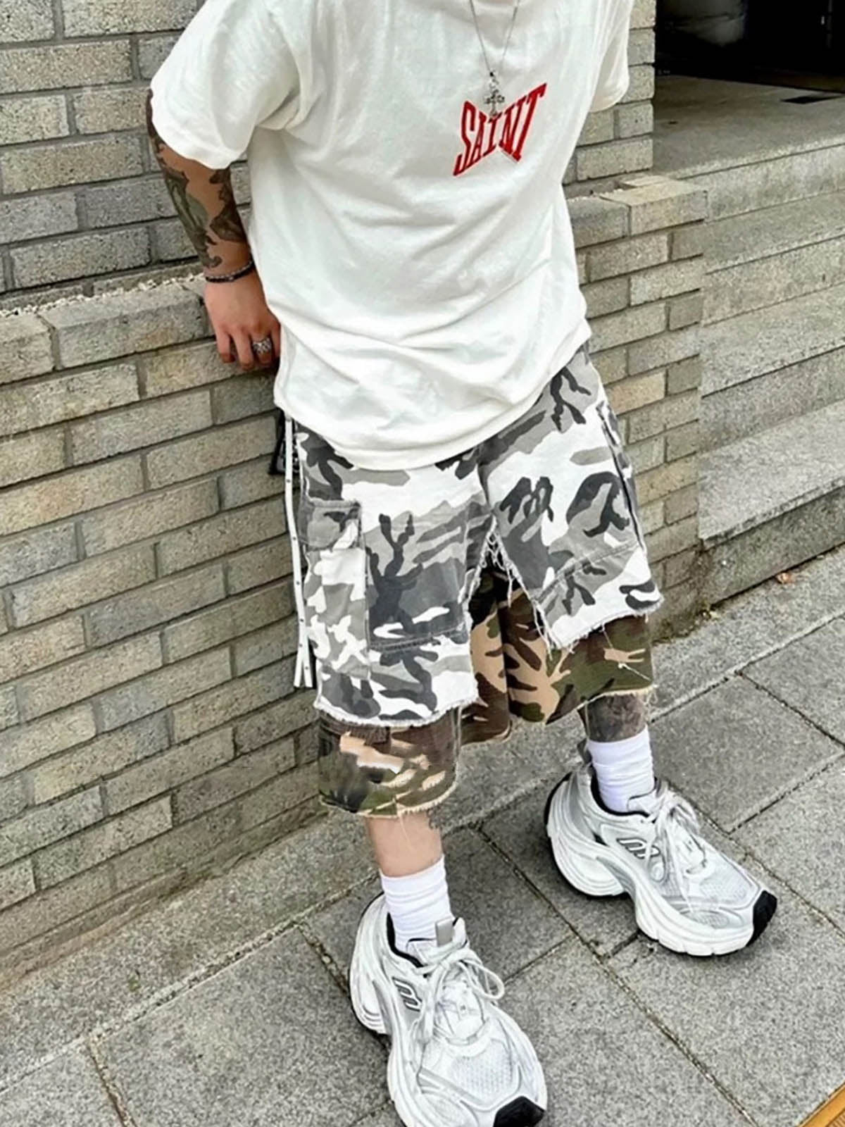 Retro Faux Two-Piece Whisker Camouflage Jorts