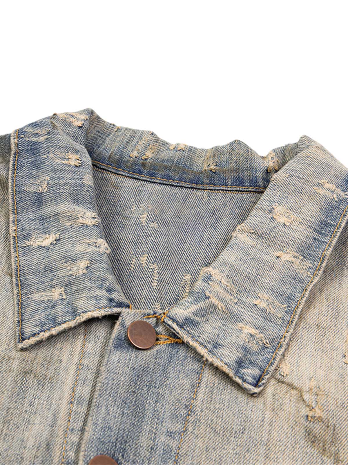 Mud-dyed Distressed Rhinestone Denim Jacket - 2336