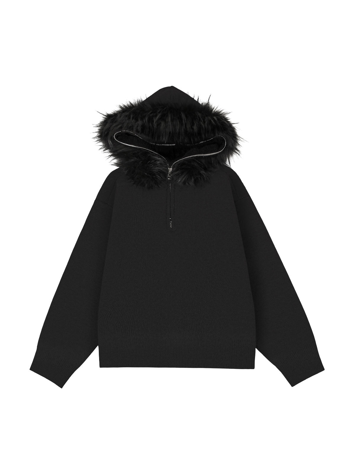 Thesupermade Detachable Fur Collar Quarter Zipper Hooded Sweater