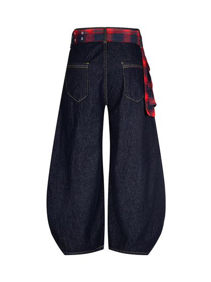 Washed Plaid Belt Barrel Jeans
