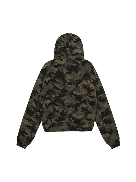 Hotfix Rhinestones Camouflage Fur Hooded Fleece Jacket - 2357