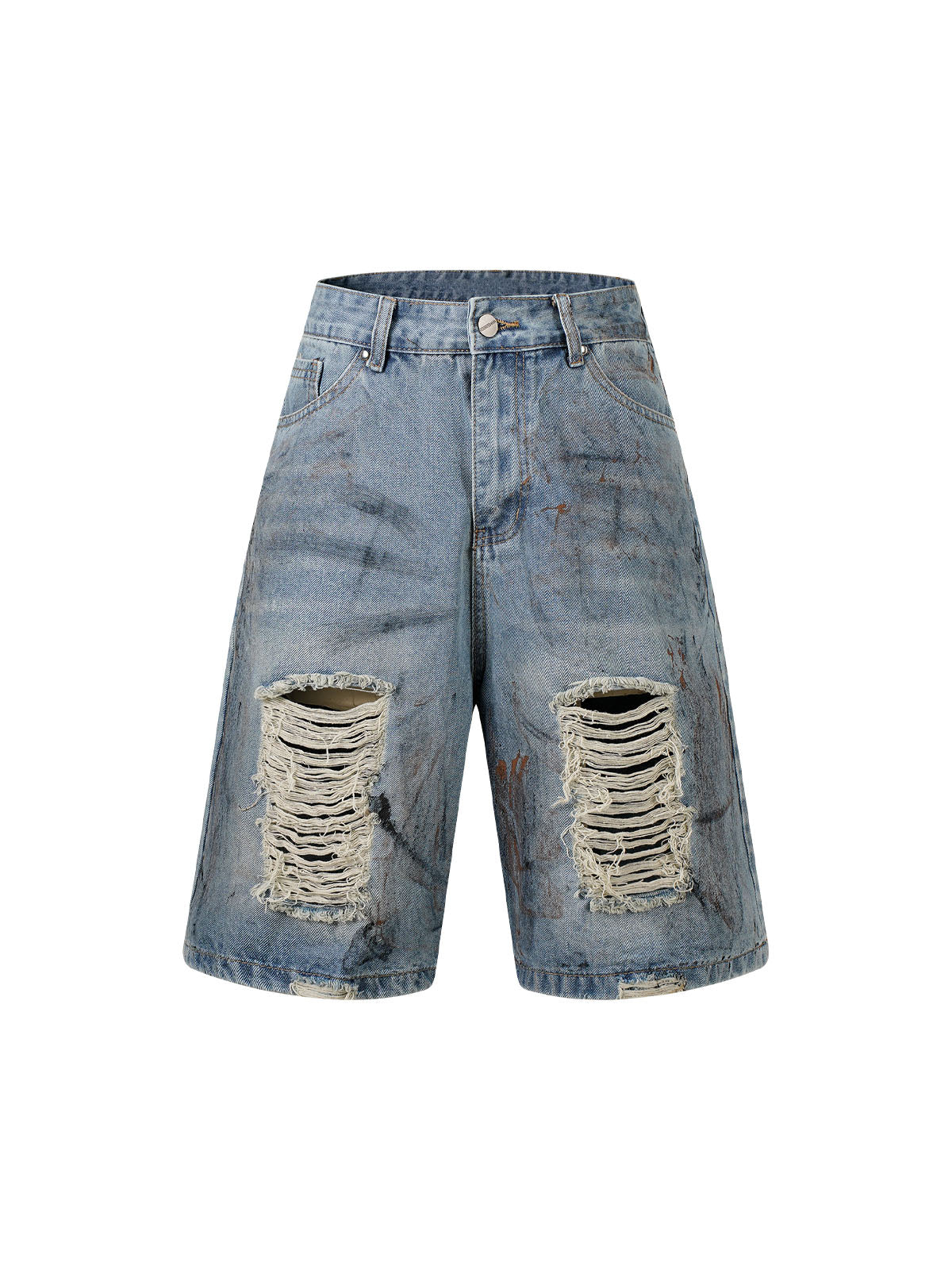 Zerrissene Denim-Shorts im Used-Look mit verwaschenem, schmutzig gefärbtem Muster
