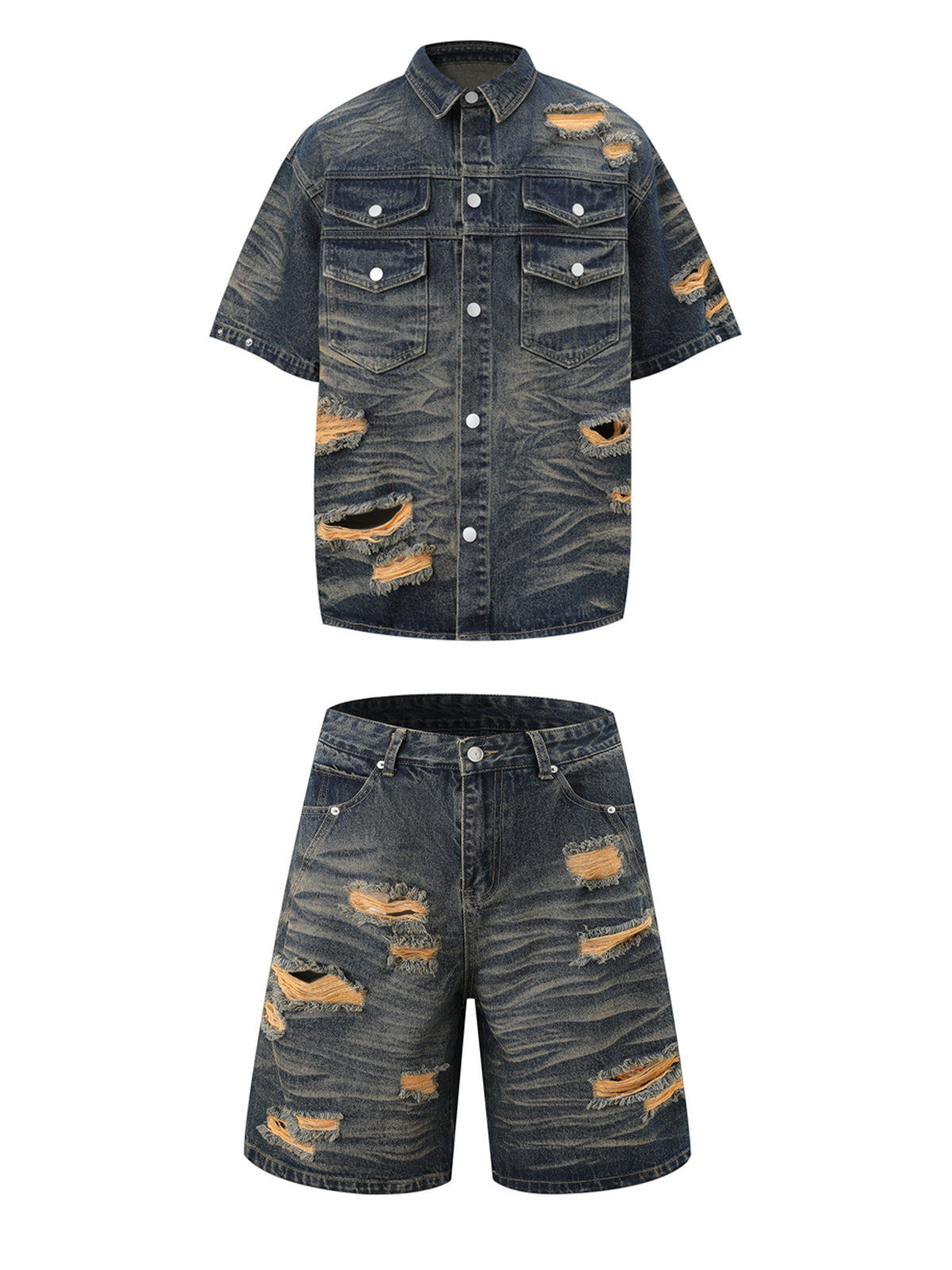 Distressed Washed Distressed Denim Shirt & Jorts Set