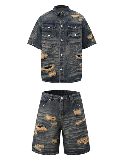 Distressed Washed Distressed Denim Shirt & Jorts Set