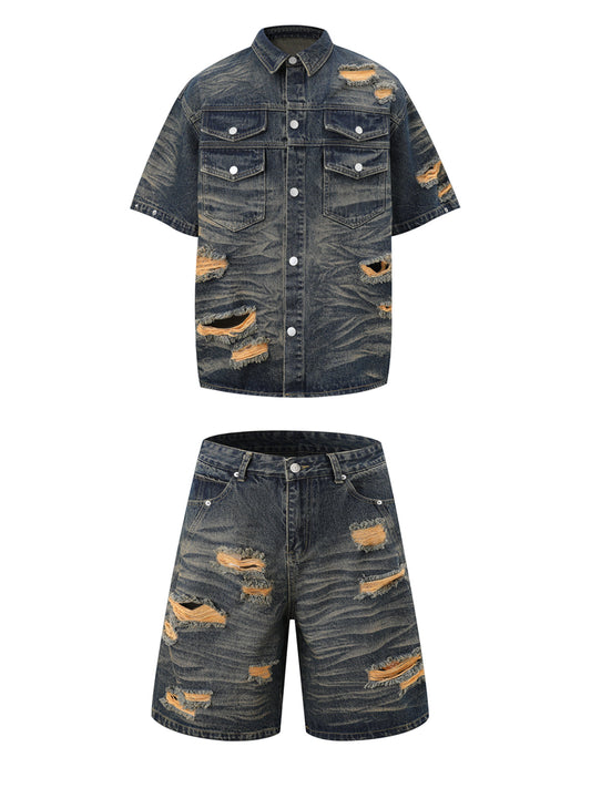 Distressed Washed Distressed Denim Shirt & Jorts Set