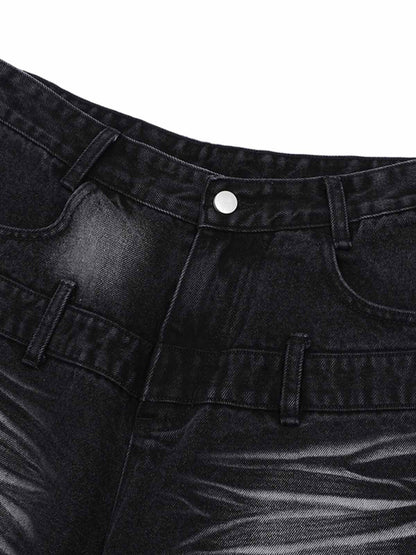 Distressed Washed Workwear Denim Shirt And Jorts Set