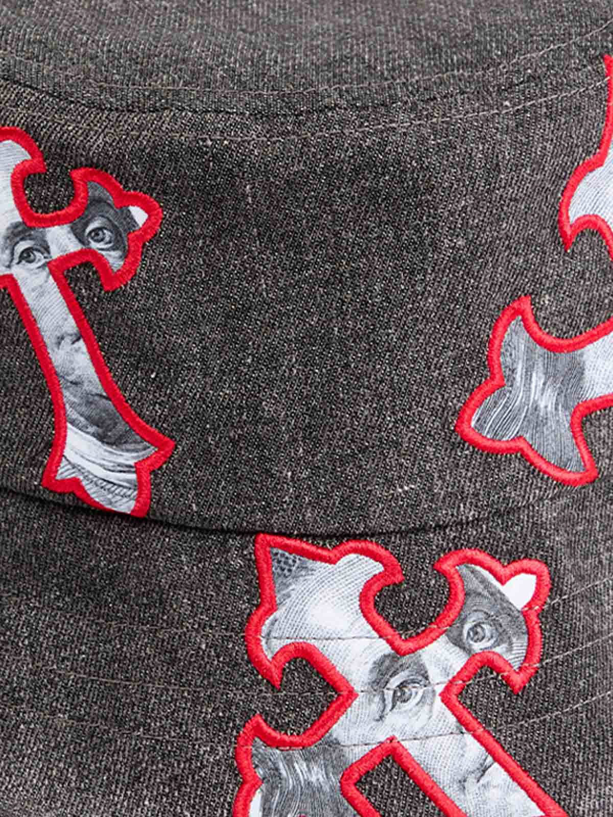 Denim-Fischerhut mit Kreuz und Porträt