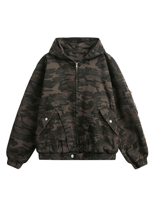 Deconstructed Camouflage Workwear Cardigan Hooded Jacket - 2290