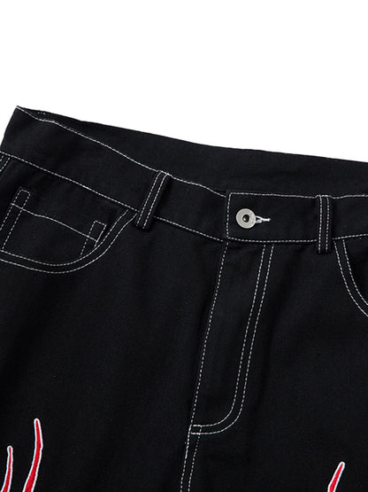 Baggy-Jeans mit kontrastierender Flammenstickerei – 2364