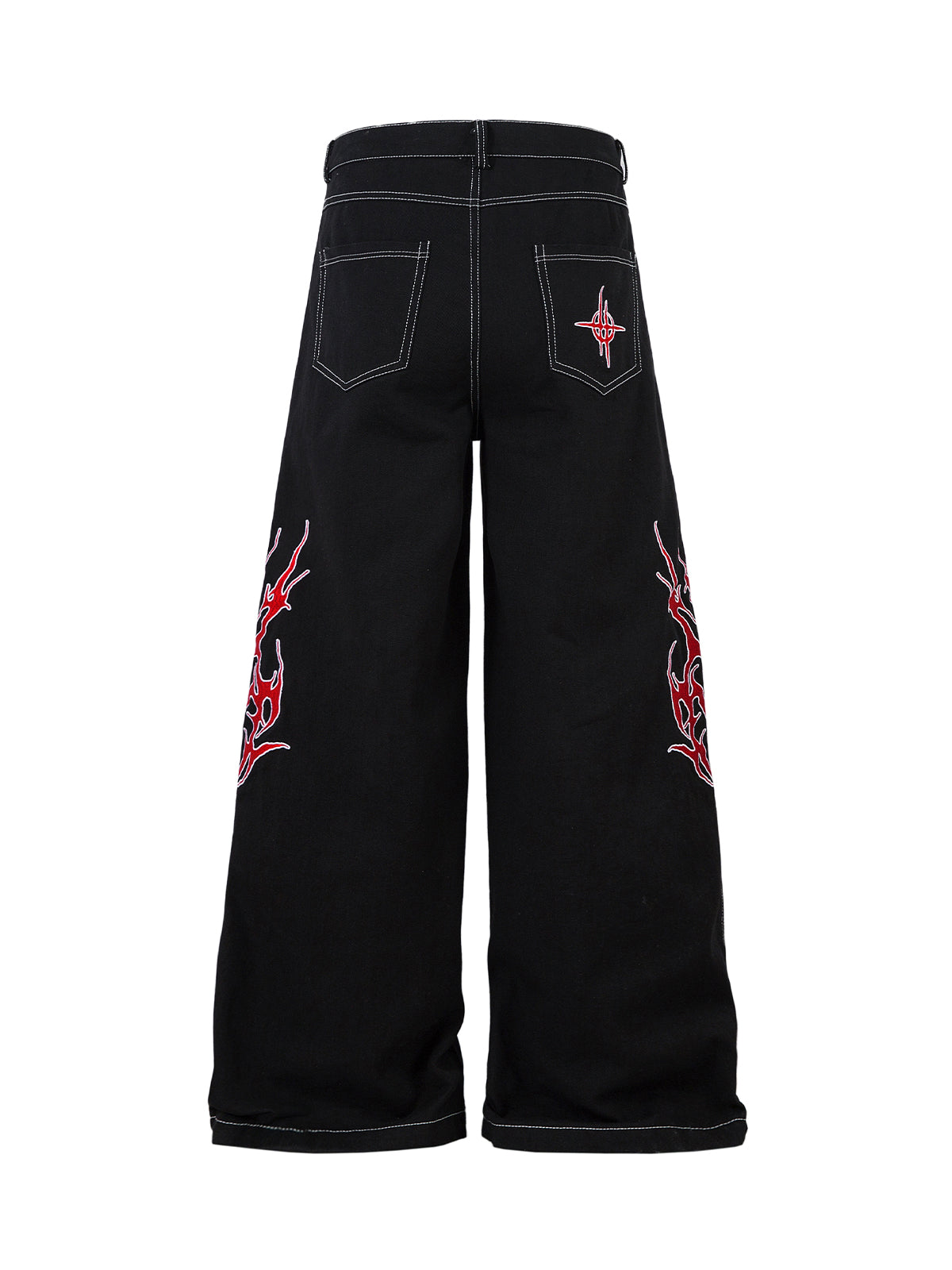 Contrast Flame Embroidered Baggy Jeans - 2364