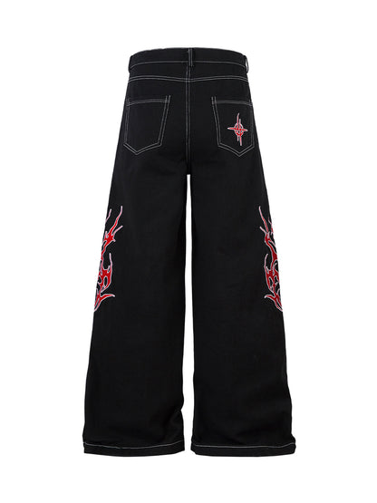 Contrast Flame Embroidered Baggy Jeans - 2364