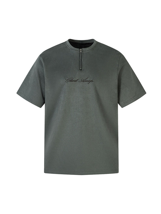 T-shirt rétro à fermeture éclair quart de tour en daim brodé