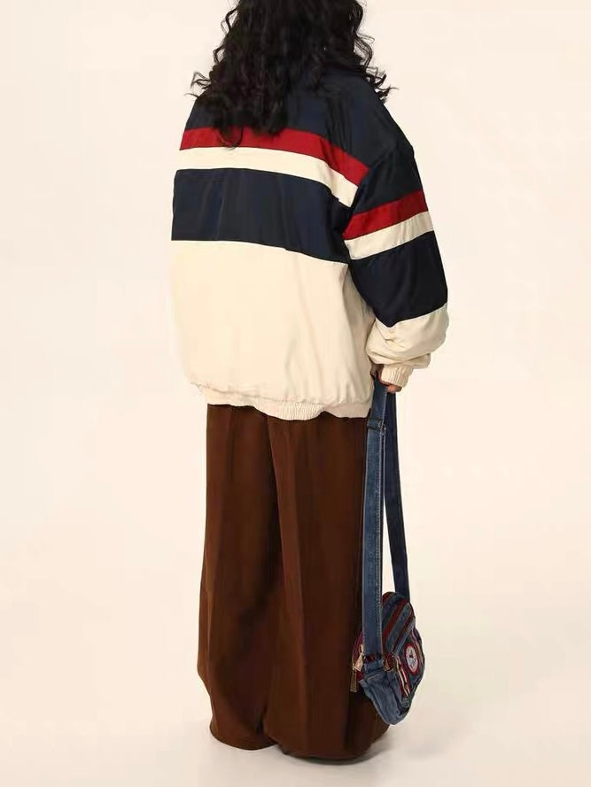 Thesupermade Retro Letter Embroidery Color-Blocked Cotton Jacket - 1557