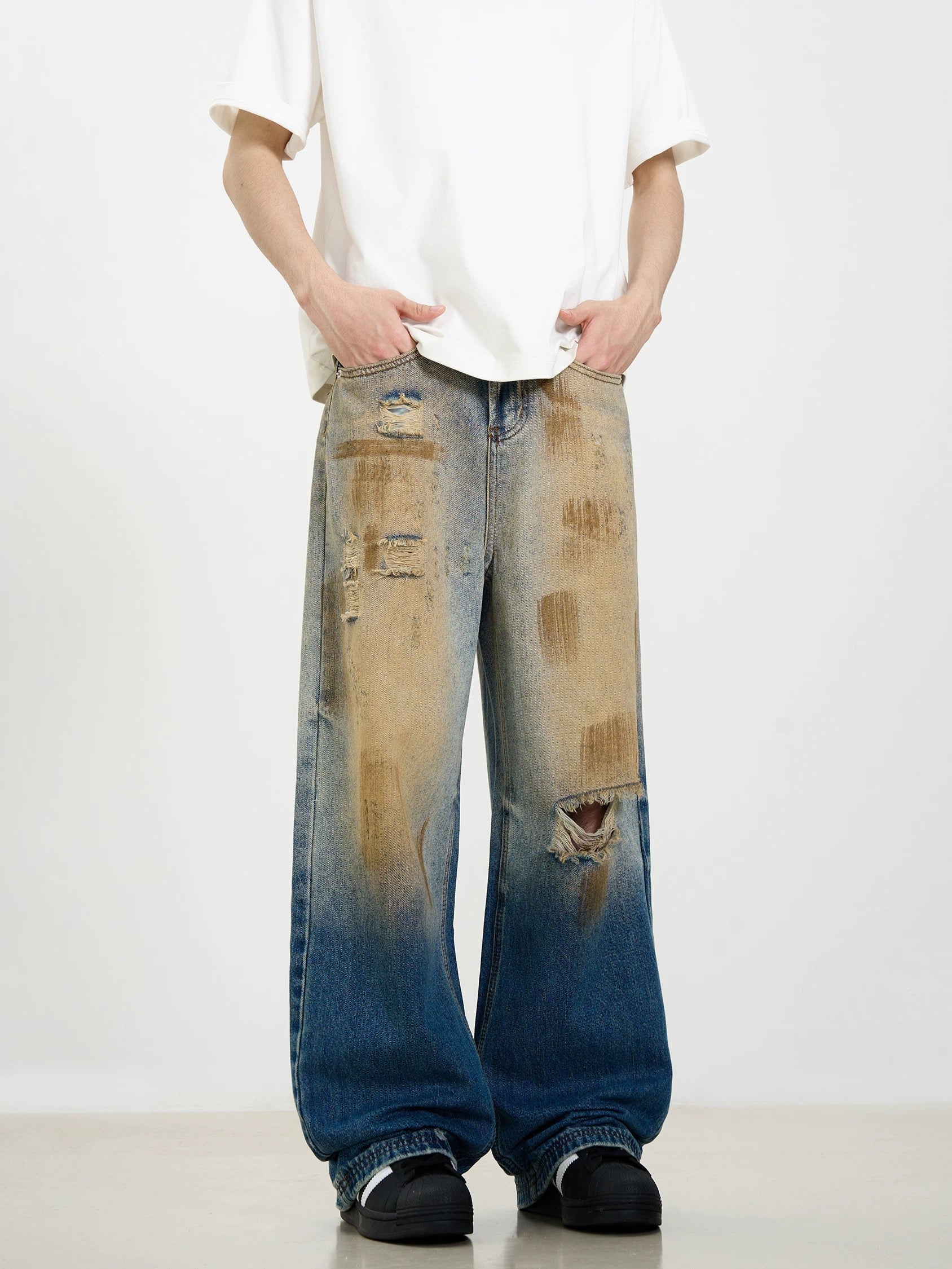 Thesupermade – Retro-Jeans im zerrissenen, verwaschenen Patina-Street-Hip-Hop-Look 