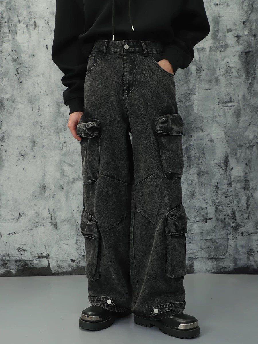 Thesupermade – Verwaschene Cargo-Jeans mit mehreren Taschen 