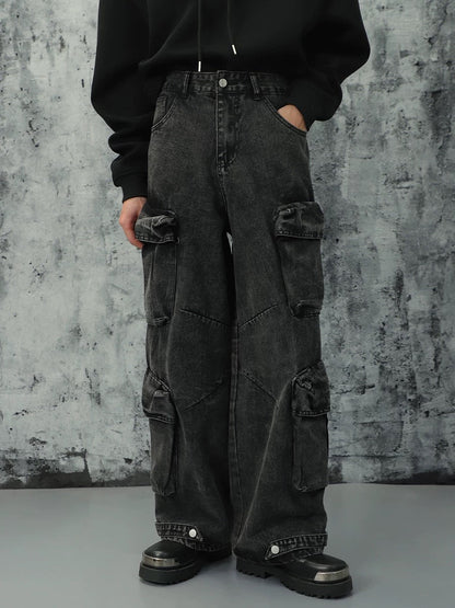 Thesupermade – Verwaschene Cargo-Jeans mit mehreren Taschen 