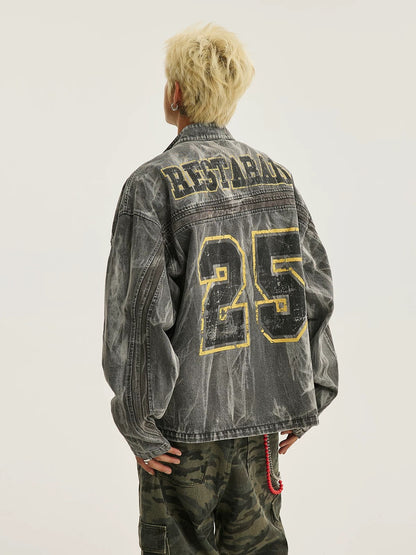 Thesupermade Hip-Hop-Jeansjacke mit verwaschenem Distressed-Print – 2239