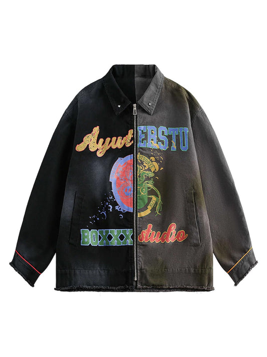 Jacke mit Reißverschluss und Graffiti-Print in Kontrastfarbe
