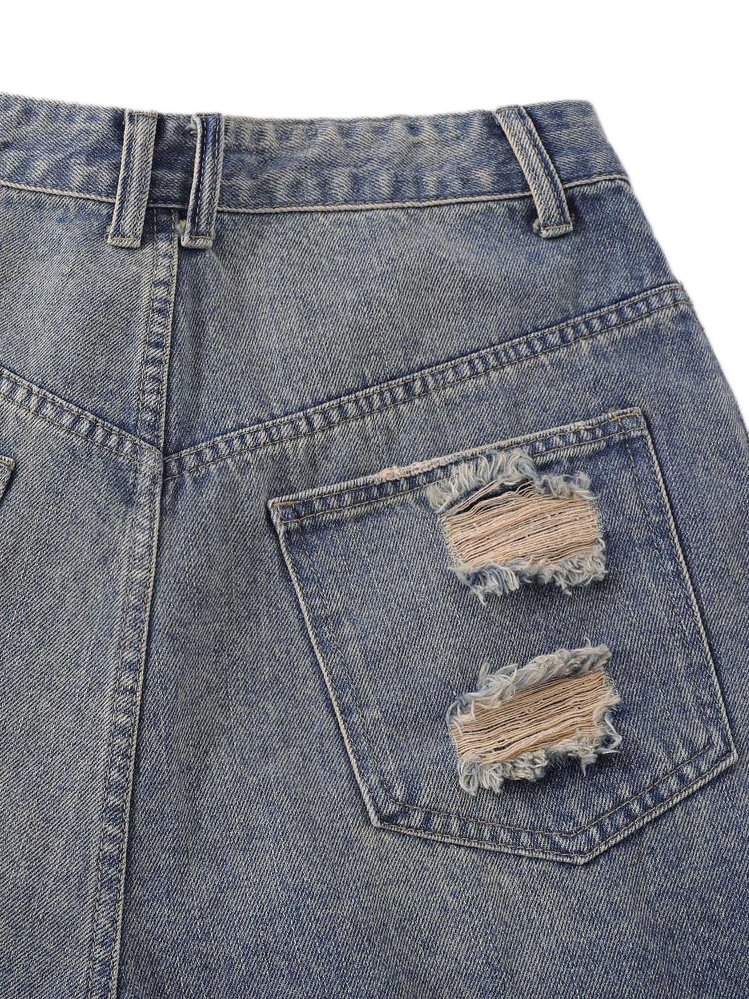 Thesupermade Hip-hop Ripped Washed Denim Jorts