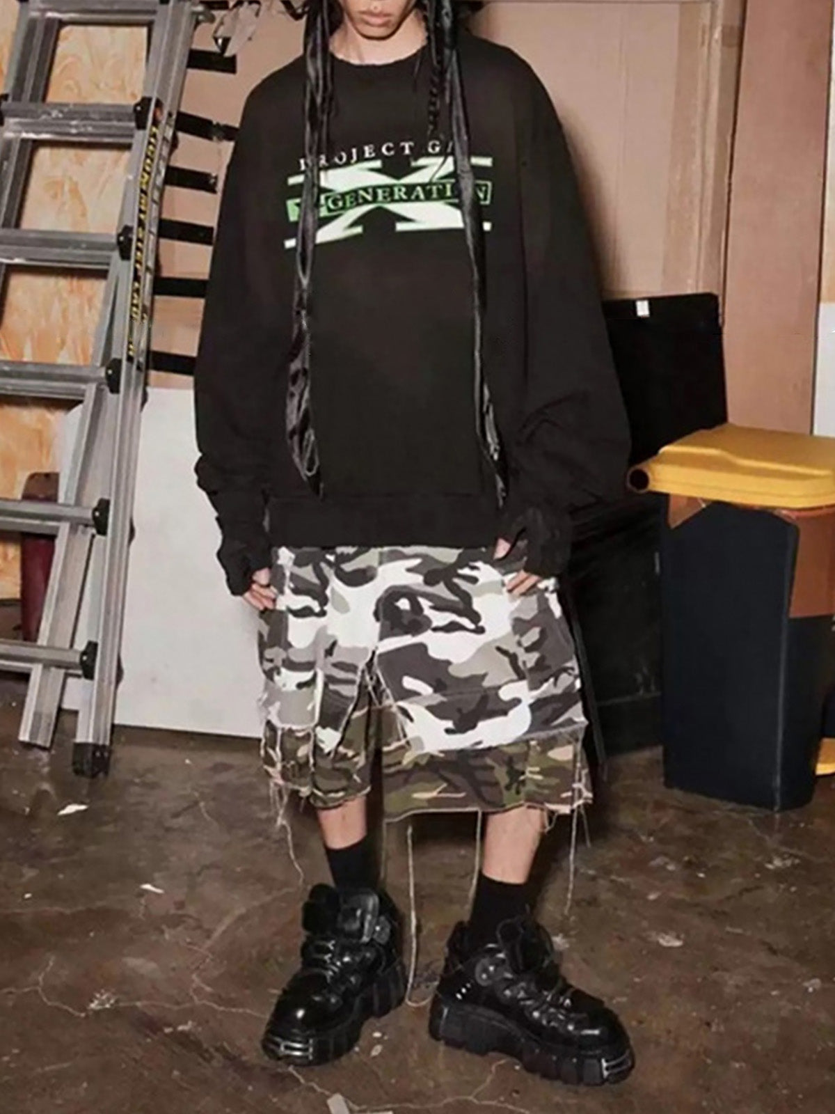 Retro Faux Two-Piece Whisker Camouflage Jorts