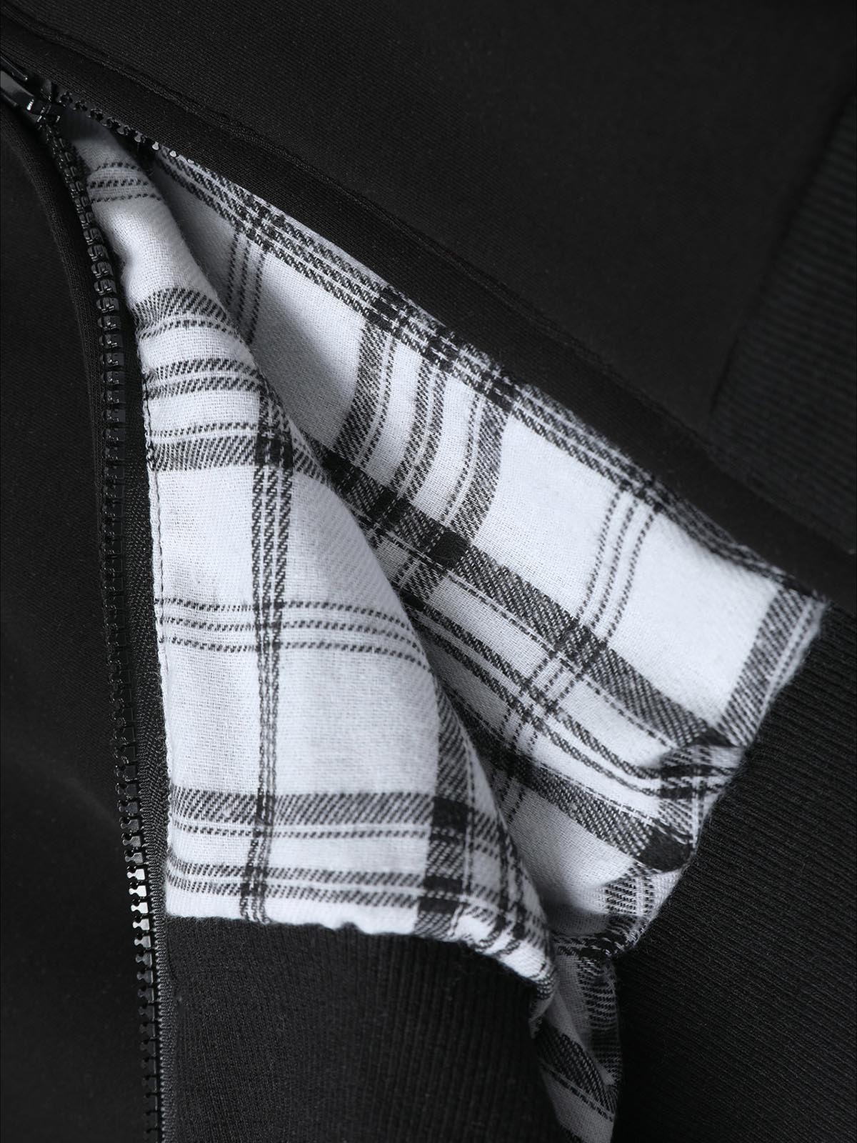 Retro Plaid Lining Zip Up Hooded Sweatshirt