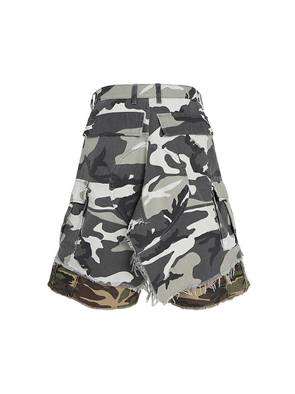 Retro Faux Two-Piece Whisker Camouflage Jorts