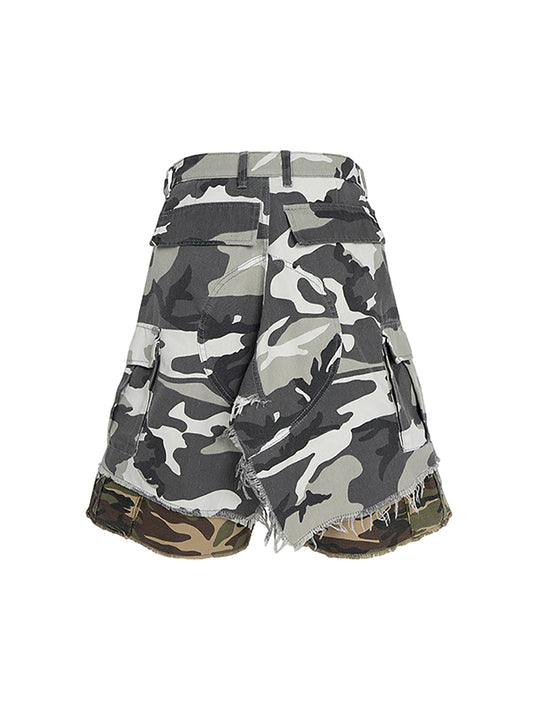 Retro Faux Two-Piece Whisker Camouflage Jorts