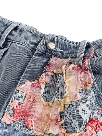 Short en jean déchiré à fleurs, style artisanal, Thesupermade - 2135