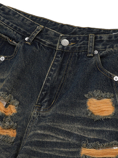 Distressed Washed Distressed Denim Shirt & Jorts Set