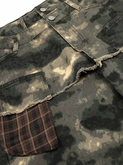 Plaid Pockets Camouflage Denim Shorts