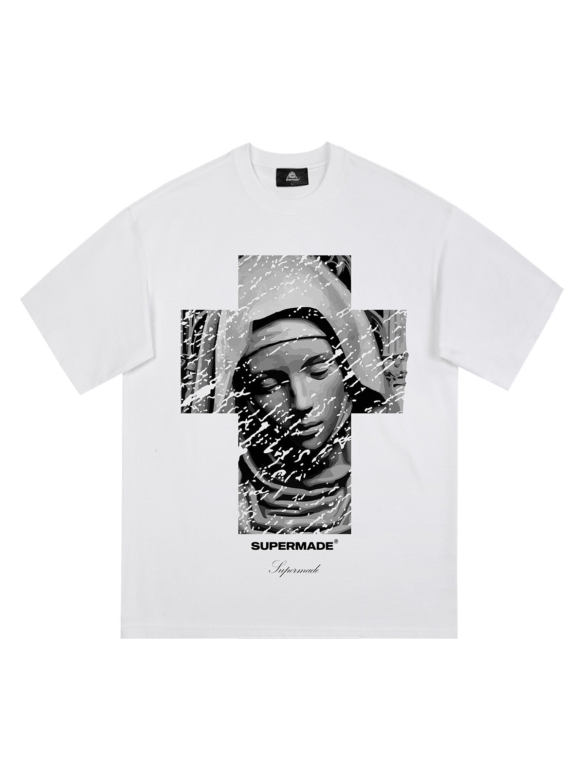 Original Retro T-Shirt mit gesprenkeltem Kreuz-Print „Virgin Mary“