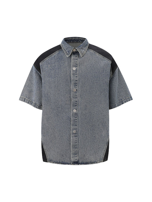 Kurzärmliges Cropped-Denim-Set mit dekonstruiertem Patchwork