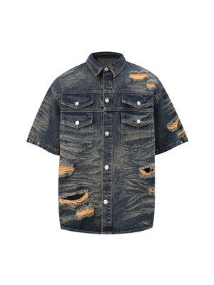 Distressed Washed Distressed Denim Shirt & Jorts Set