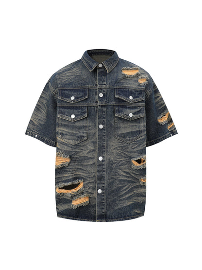Distressed Washed Distressed Denim Shirt & Jorts Set
