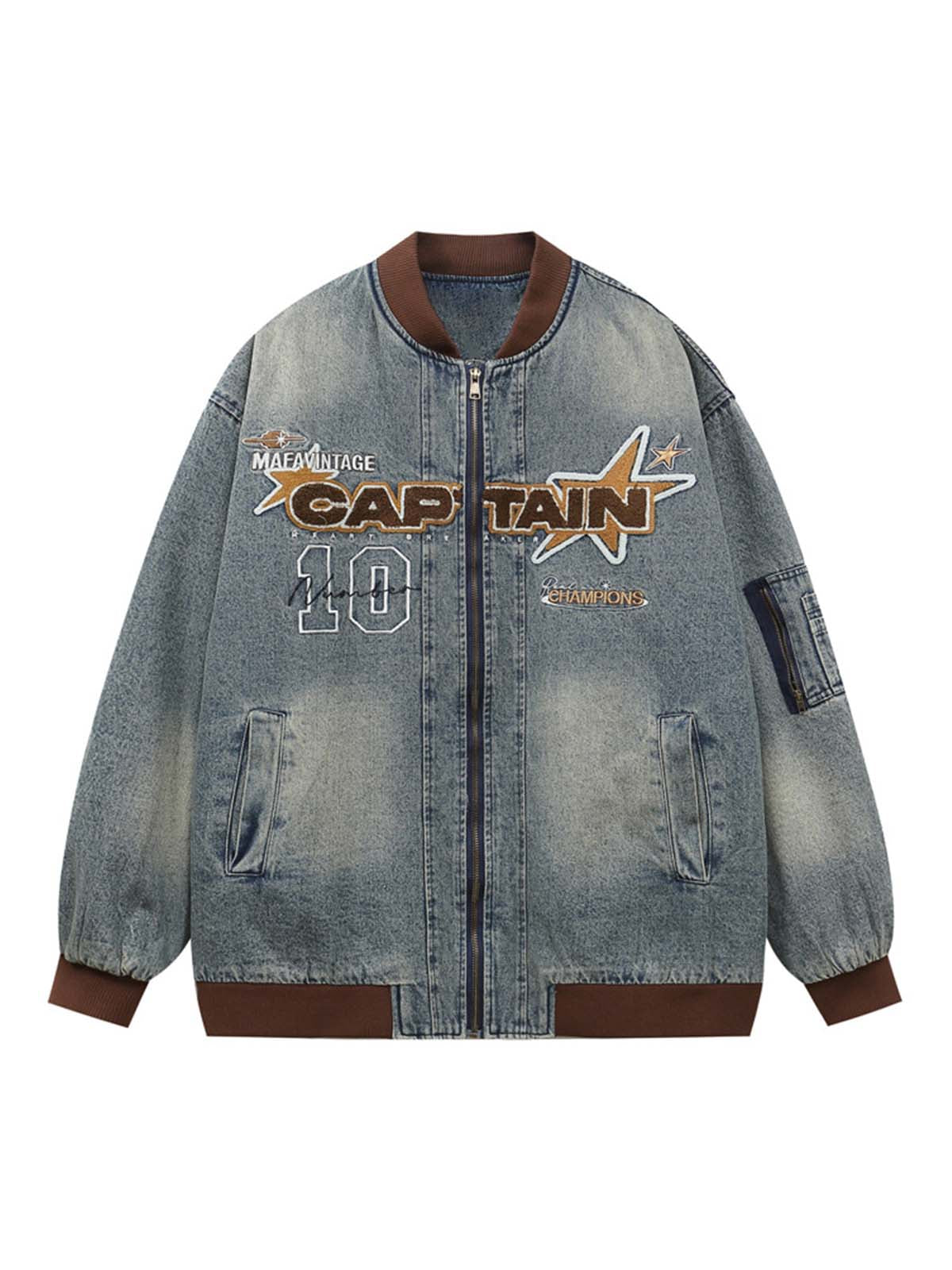 Thesupermade – Gesteppte Jeans-Bomberjacke mit besticktem Alphabet-Patch – 2311