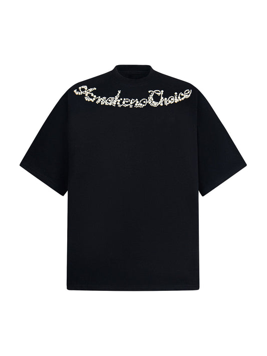 Retro Embroidery Beaded Letter Print T-shirt