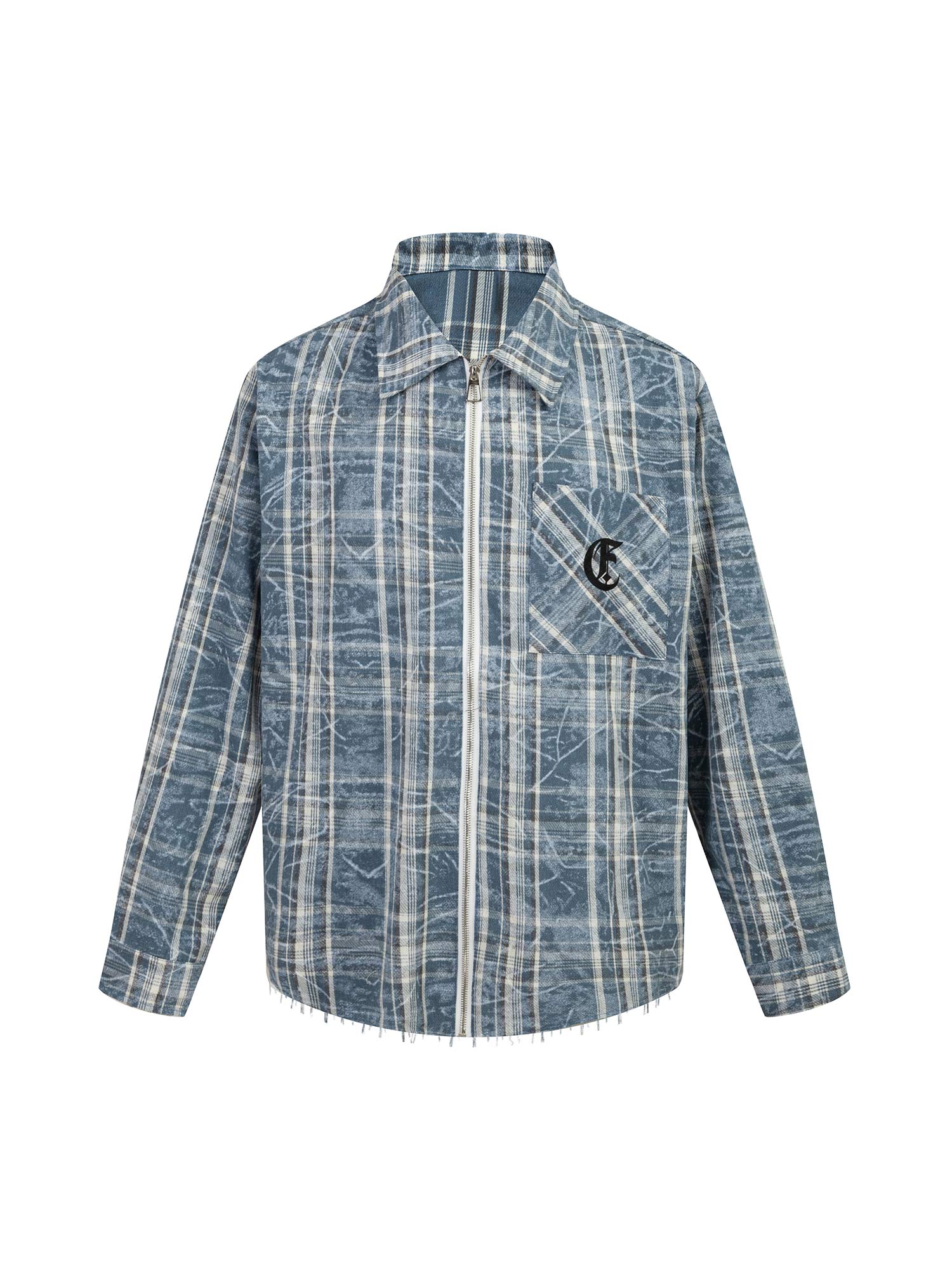 Thesupermade Lettering Print Raw Edge Plaid Shirt