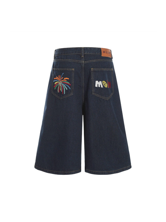Vintage Fireworks Letter Embroidered Denim Jorts