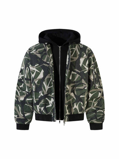 Camouflage Faux Two-Piece Hooded Bomber Jacket