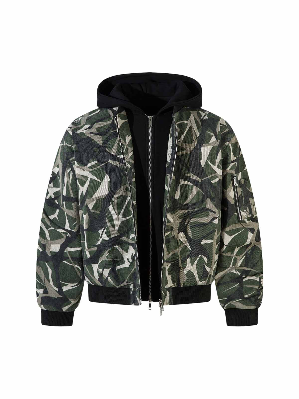 Camouflage Faux Two-Piece Hooded Bomber Jacket